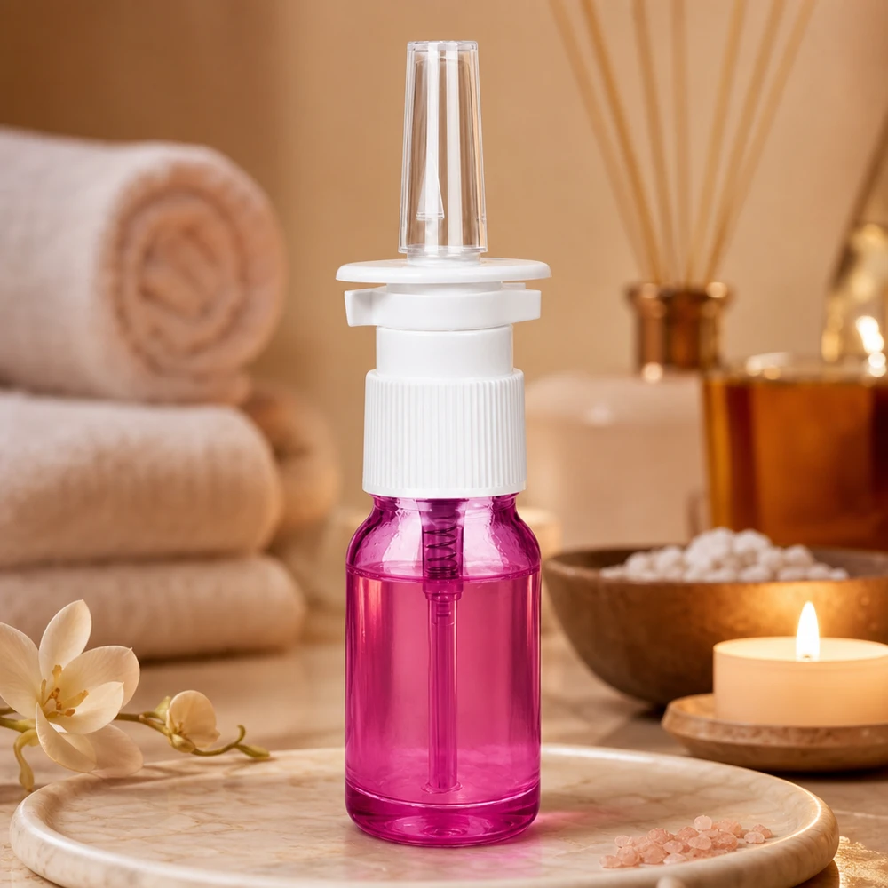 Violette 10ml Pumpflasche mit transparentem Glas und weißem Sprühventil für Nasalprodukte