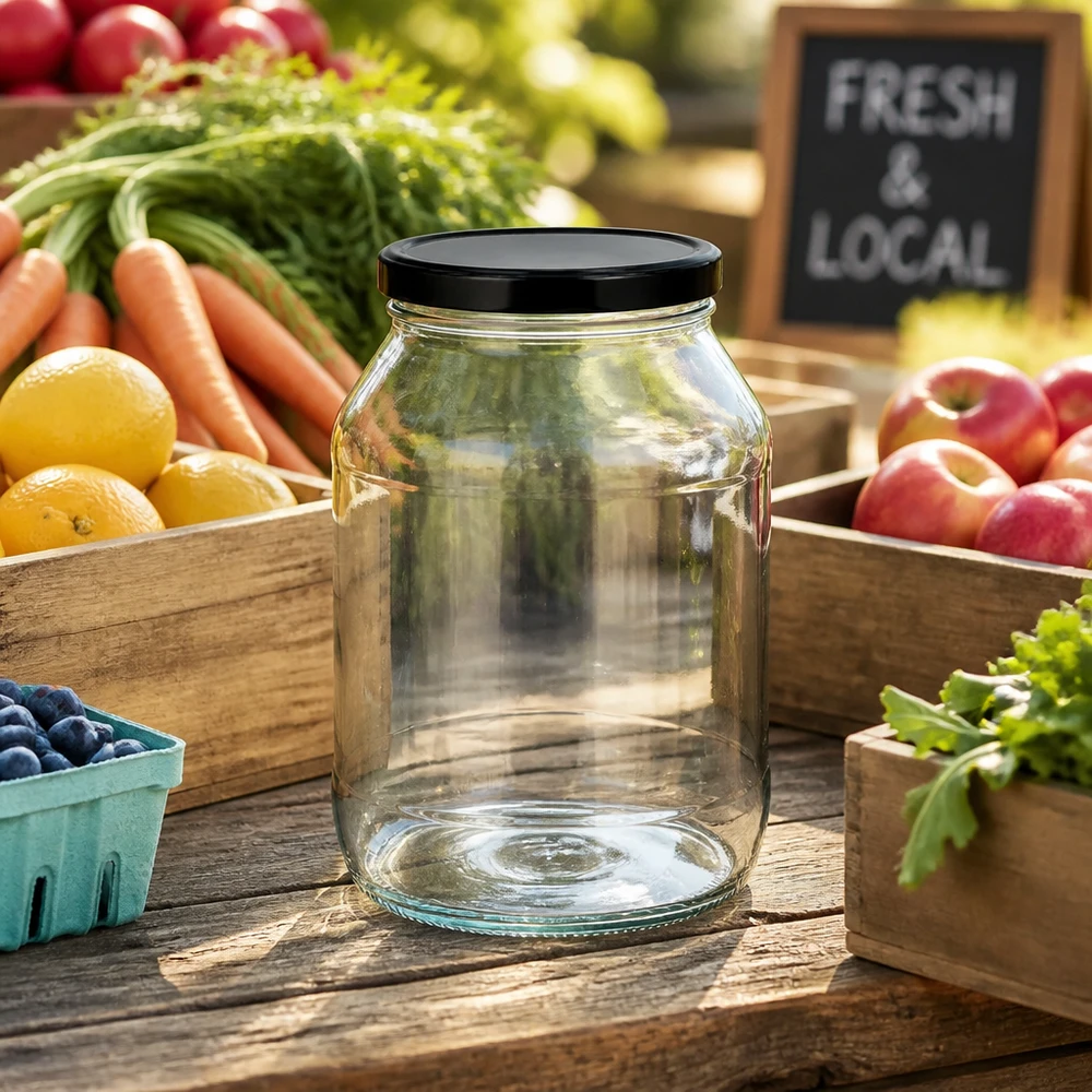 2650ml kulatá sklenice s víčkem BasicSeal černá UNiTWIST Leeres 2650ml Rundglas mit schwarzem Deckel zwischen frischem Obst und Gemüse auf Holztisch im Farmers Market Stil