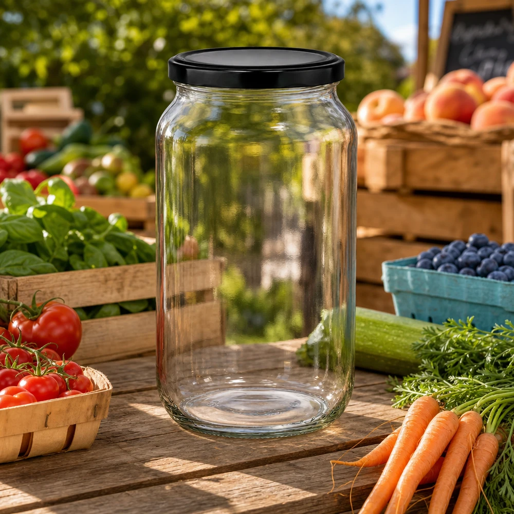 1062ml kulatá sklenice s víčkem BasicSeal černá UNiTWIST 1062ml Rundglas vor Marktstand mit frischem Gemüse - praktisches Einmachglas für Gartenprodukte und Selbstgemachtes