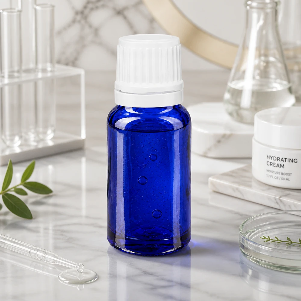 Lékárenská láhev modrá 10ml šroubovací uzávěr bílý uzávěr proti neoprávněné manipulaci. Blaue 10ml Flasche aus Apothekerglas mit weißem Sicherheitsdeckel für Naturkosmetik