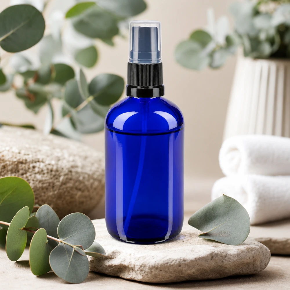Lékárenská lahvička modrá 100ml rozprašovací víčko černá Runde kobaltblaue 100ml Flasche mit Feinstaubzerstäuber für ätherische Öle und Kosmetik