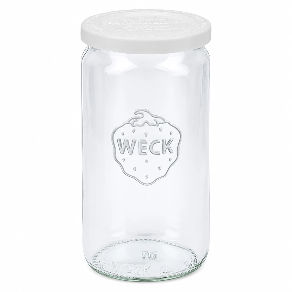 340ml válcová sklenice se skleněným víčkem WECK RR60 pro zachování čerstvosti. WECK Zylinderglas 340ml mit weißem Frischedeckel RR60 Einmachglas Vorratsglas transparent