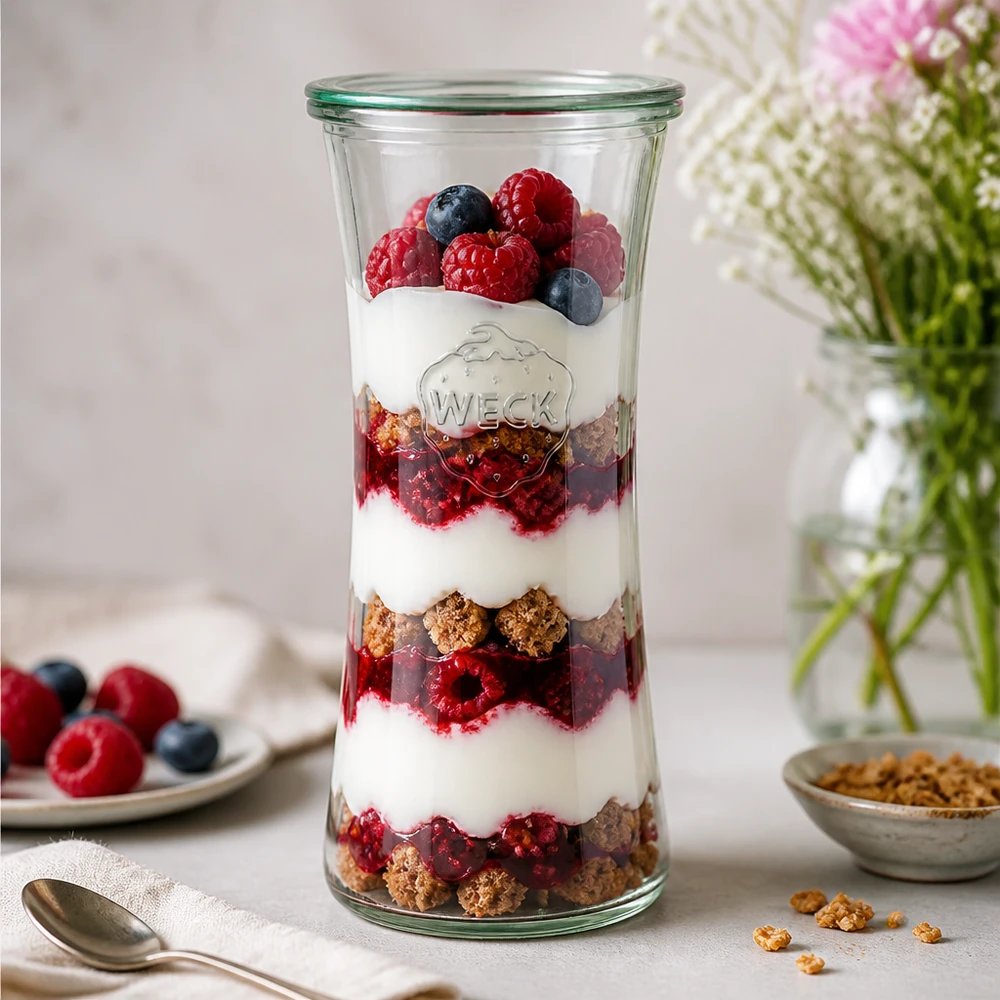 700ml lahůdková sklenice se skleněným víčkem WECK RR80 WECK 700ml Delikatessenglas RR80 mit geschichtetem Joghurt-Beeren-Parfait - stylisches Einmachglas für Desserts