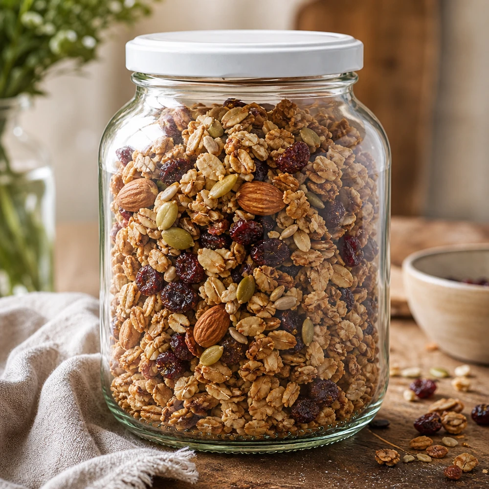 370ml oválná sklenice s víčkem BasicSeal bílá UNiTWIST 370ml Ovalglas UNiTWIST mit weißem Deckel gefüllt mit Müsli Nüssen Trockenfrüchten Granola Vorratsdose Küche