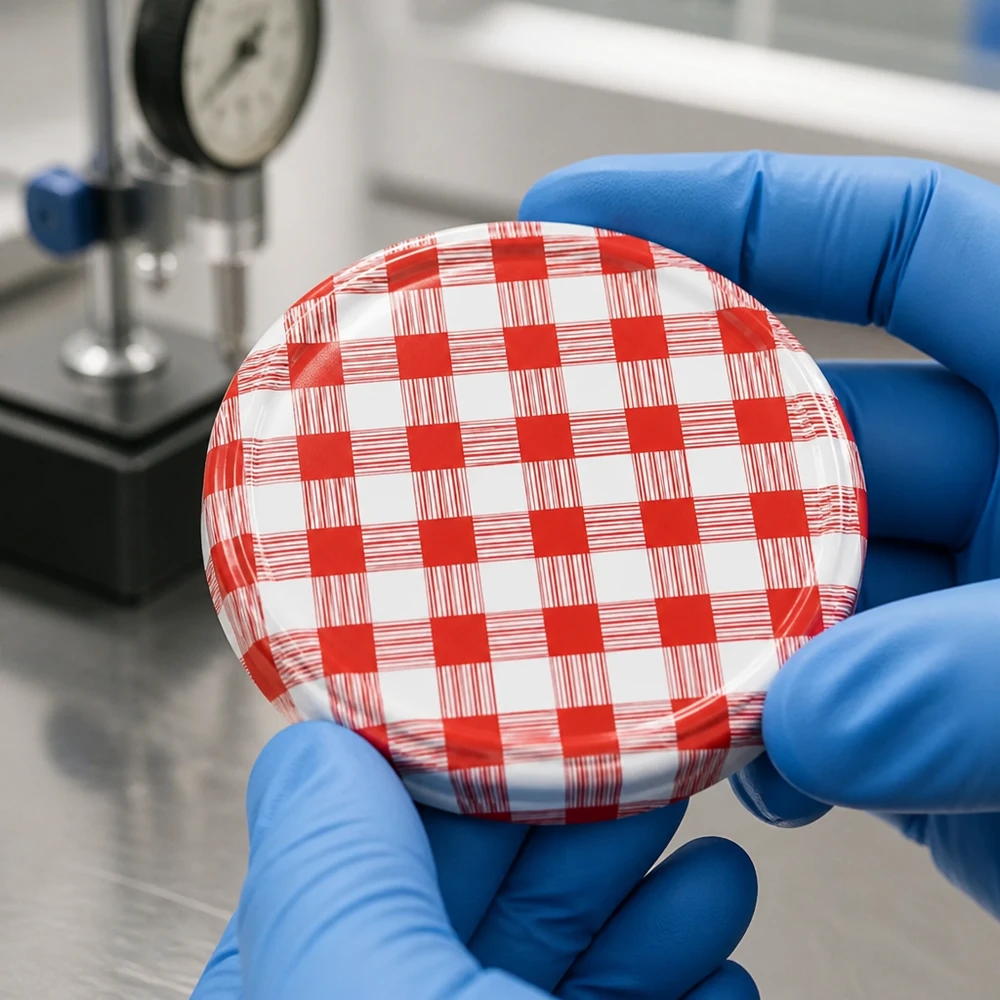 82mm víko BasicSeal šachovnicové červené/bílé (TO82) UNiTWIST Laboratorní zkouška 82mm šroubovacího uzávěru BasicSeal s červeným kostkovaným vzorem v rukavicích