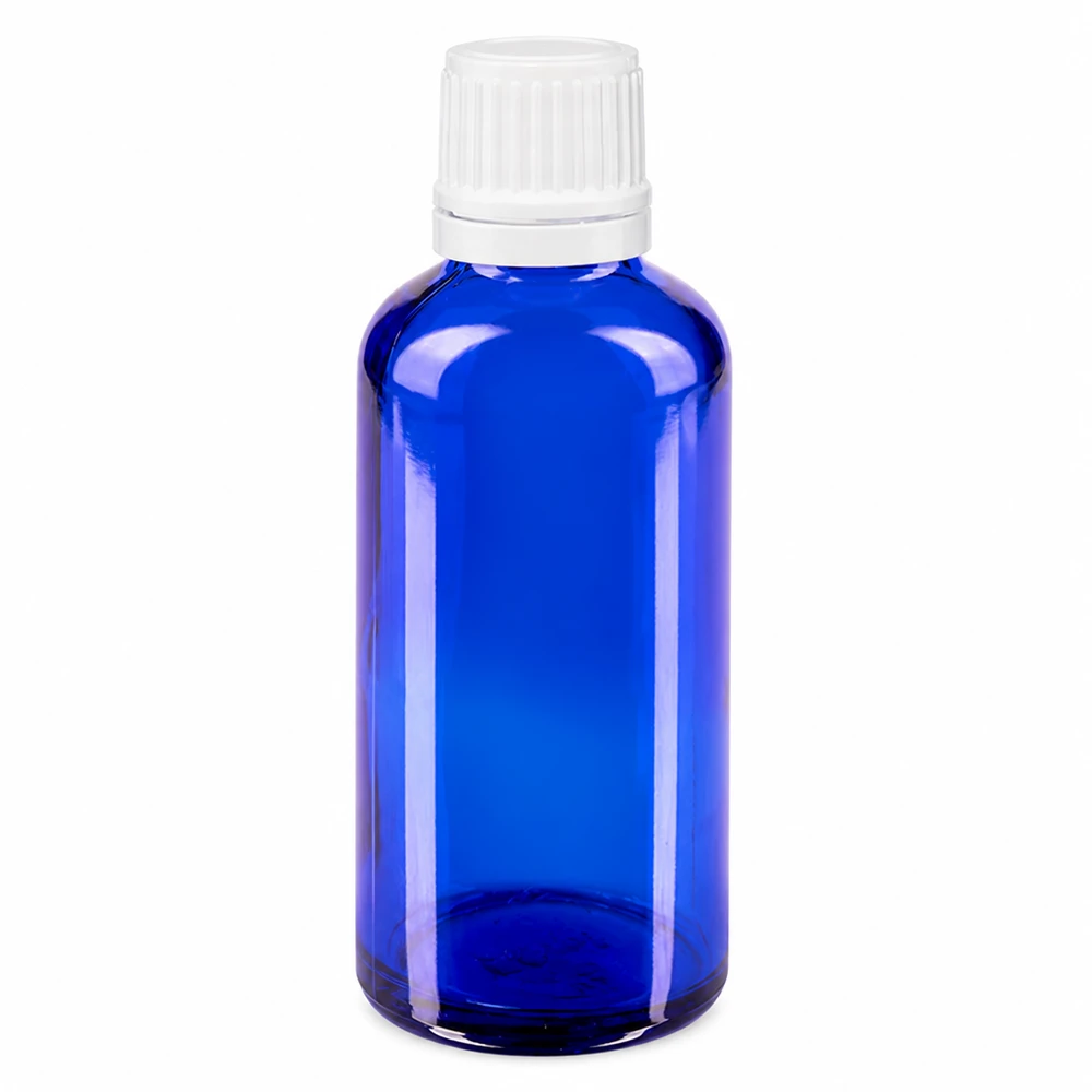 Lékárenská lahvička modrá 50ml kapátko uzávěr 1,2mm bílý uzávěr proti otevření. UV-Schutz Apothekerflasche blau 50ml Borosilikatglas mit weißem Dosierverschluss