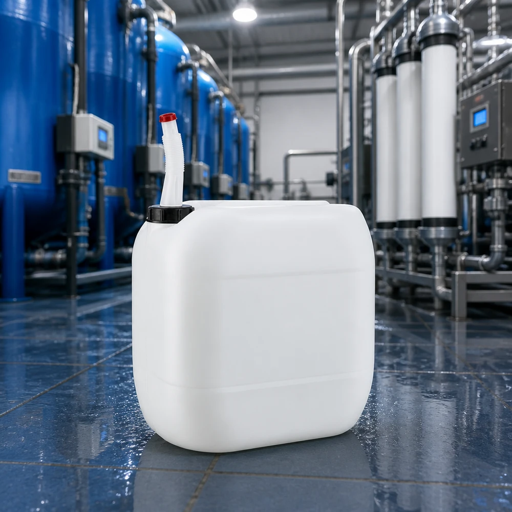 Kanystr o objemu 30 litrů s výpustnou trubkou Flex Leerer weißer Großkanister 30 Liter mit beweglichem Ausgießrohr auf blauem Industrieboden