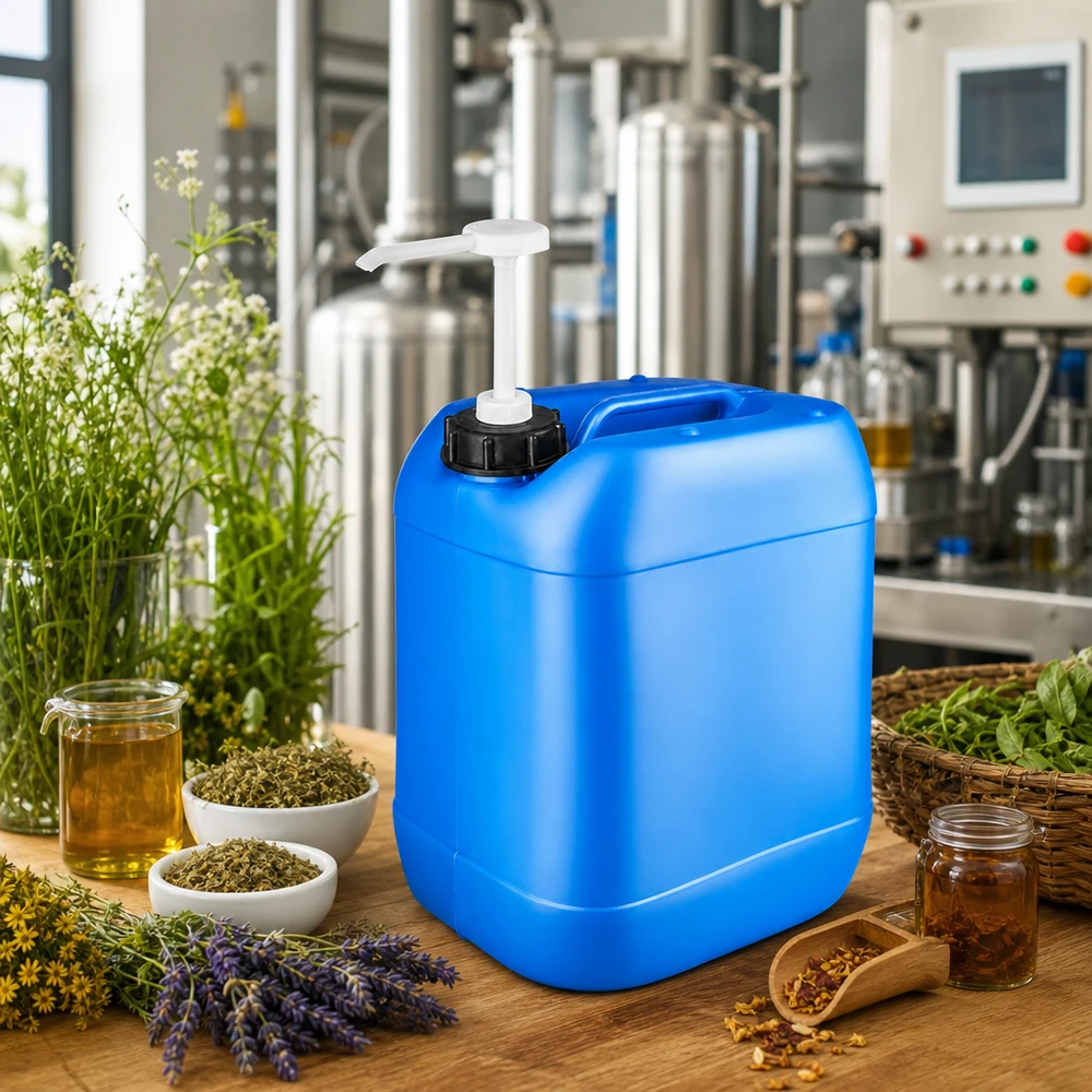 Stapelbarer blauer Kunststoffkanister 20 Liter mit weißer Pumpe für Naturprodukte und Extrakte