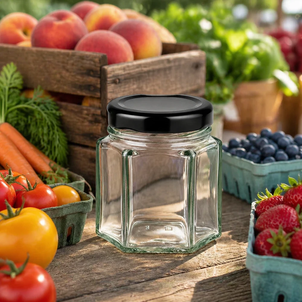 47ml šestihranná sklenice s víčkem BasicSeal černá UNiTWIST. Leeres 47ml Hexaglas mit schwarzem Deckel auf Holztisch umgeben von frischem Obst und Gemüse in ländlicher Szene