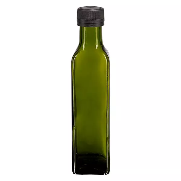 250ml šroubovací láhev čtvercová olivově zelená s černým uzávěrem