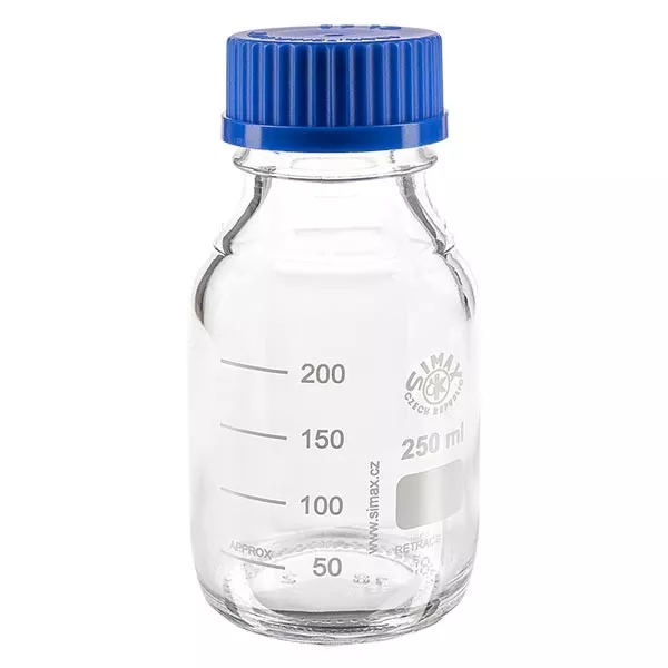 Laboratorní láhev se závitem 250ml s uzávěrem, borosilikátová