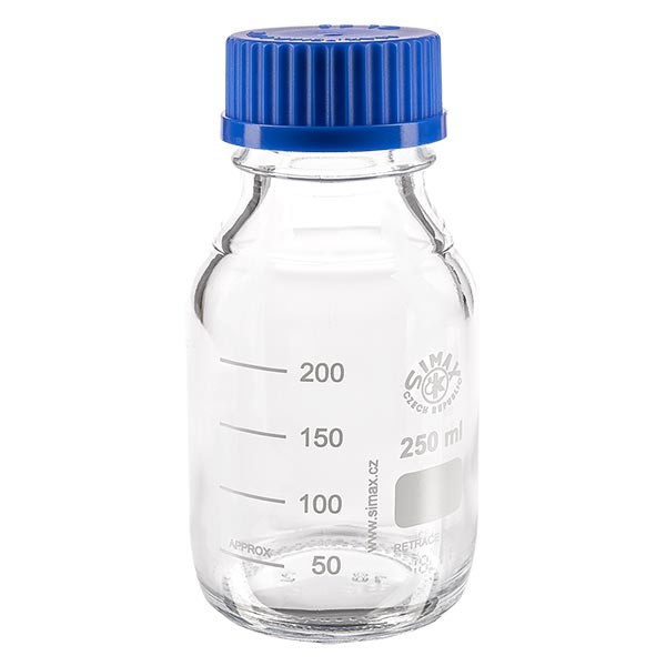 Laboratorní láhev se závitem 250ml s uzávěrem, borosilikátová Laboratorní láhev se závitem 250ml s uzávěrem, borosilikátová