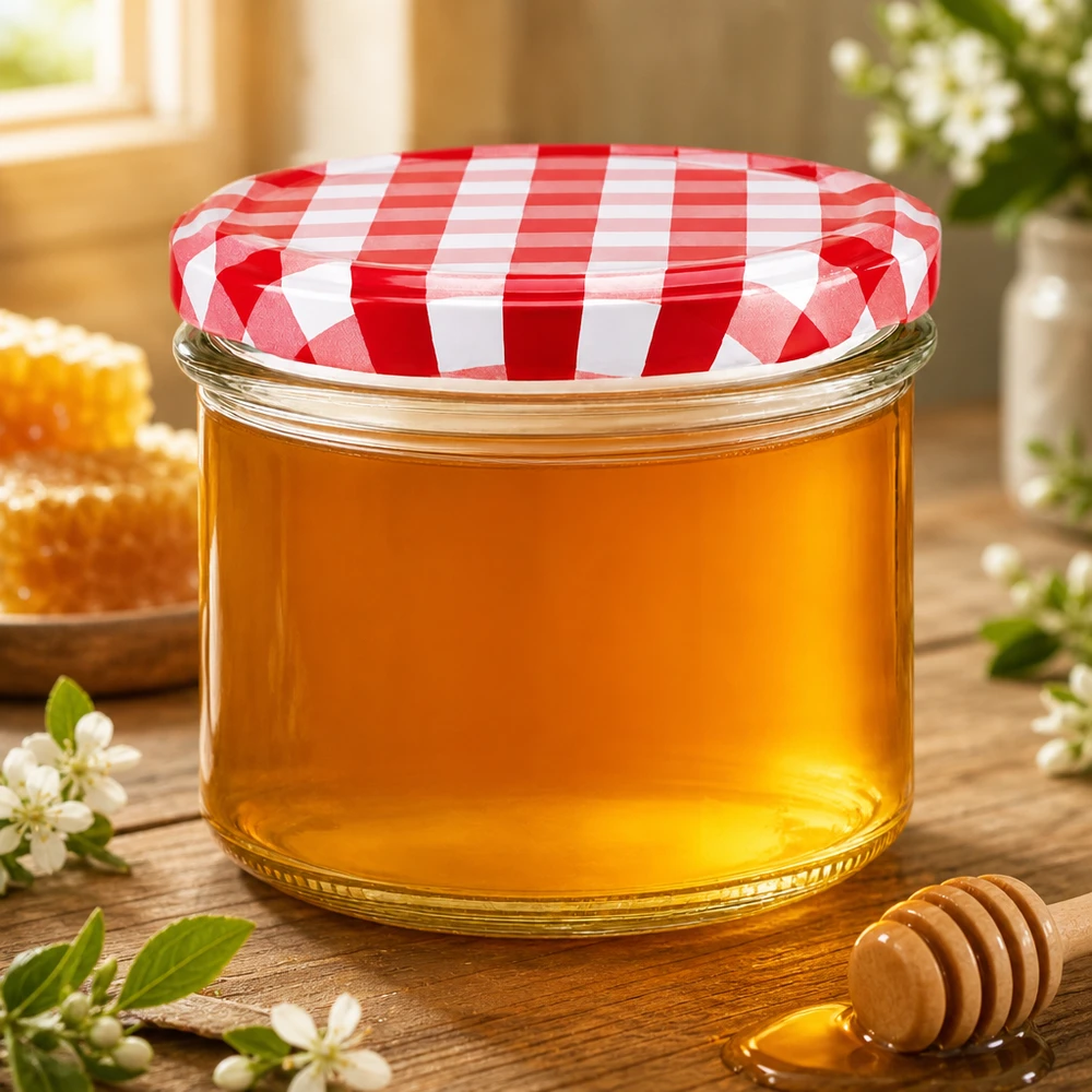 225ml kelímky + víčko BasicSeal červené/bílé UNiTWIST 225ml Sturzglas mit Honig gefüllt und rot-weiß kariertem Deckel neben Honiglöffel und Blütendekoration