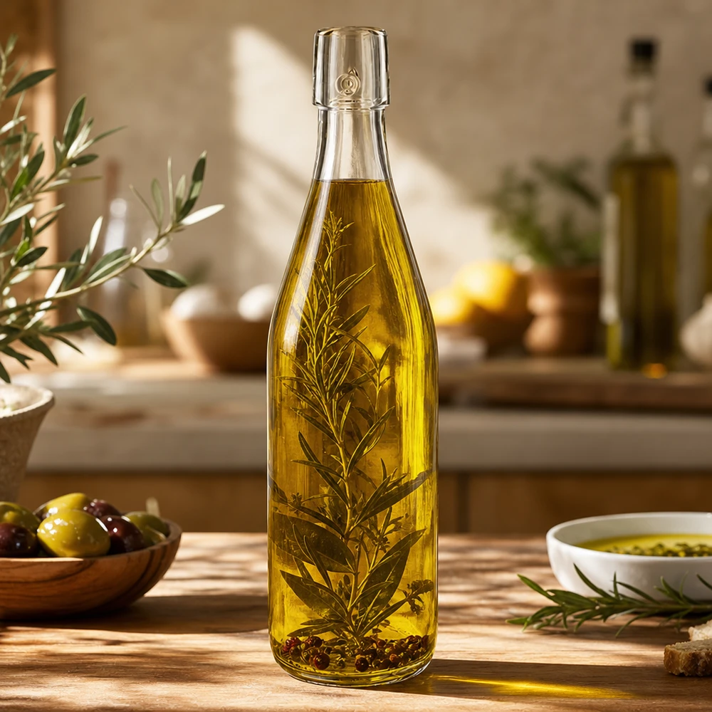 Skleněná láhev o objemu 500 ml bez otočného víčka UNiTWIST 500ml UNiTWIST Glasflasche mit Olivenöl und Kräutern befüllt in mediterraner Küche als Anwendungsbeispiel