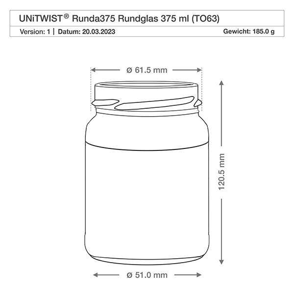 Kulatá sklenice o objemu 375 ml bez víčka (TO63) UNiTWIST UNiTWIST Runda375 Rundglas 375ml TO63 technische Zeichnung mit Maßangaben Durchmesser 61mm Höhe 120mm Gewicht 185g