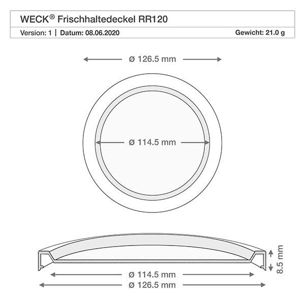 Přilnavé víko WECK RR120 Technische Zeichnung WECK Frischhaltedeckel RR120 mit Maßangaben 126,5mm Außendurchmesser 114,5mm Innendurchmesser