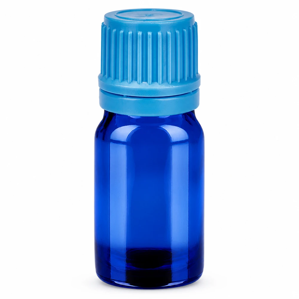 5ml lahvička 11mm šroubovací uzávěr modrý tamper-evidentní uzávěr BlueLine UT18/5 5ml Glasflasche blau mit gerilltem Verschluss für einfaches Öffnen und Schließen