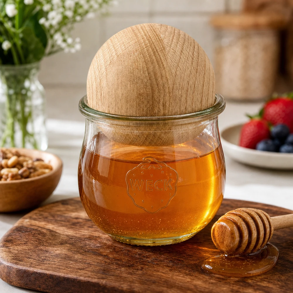 Tulipánová sklenice WECK RR80 o objemu 370 ml s dřevěnou kuličkou buk. WECK Tulpenglas RR80 370ml mit Buchenkugel als Honigglas mit Honiglöffel auf Holzbrett in natürlicher Küche