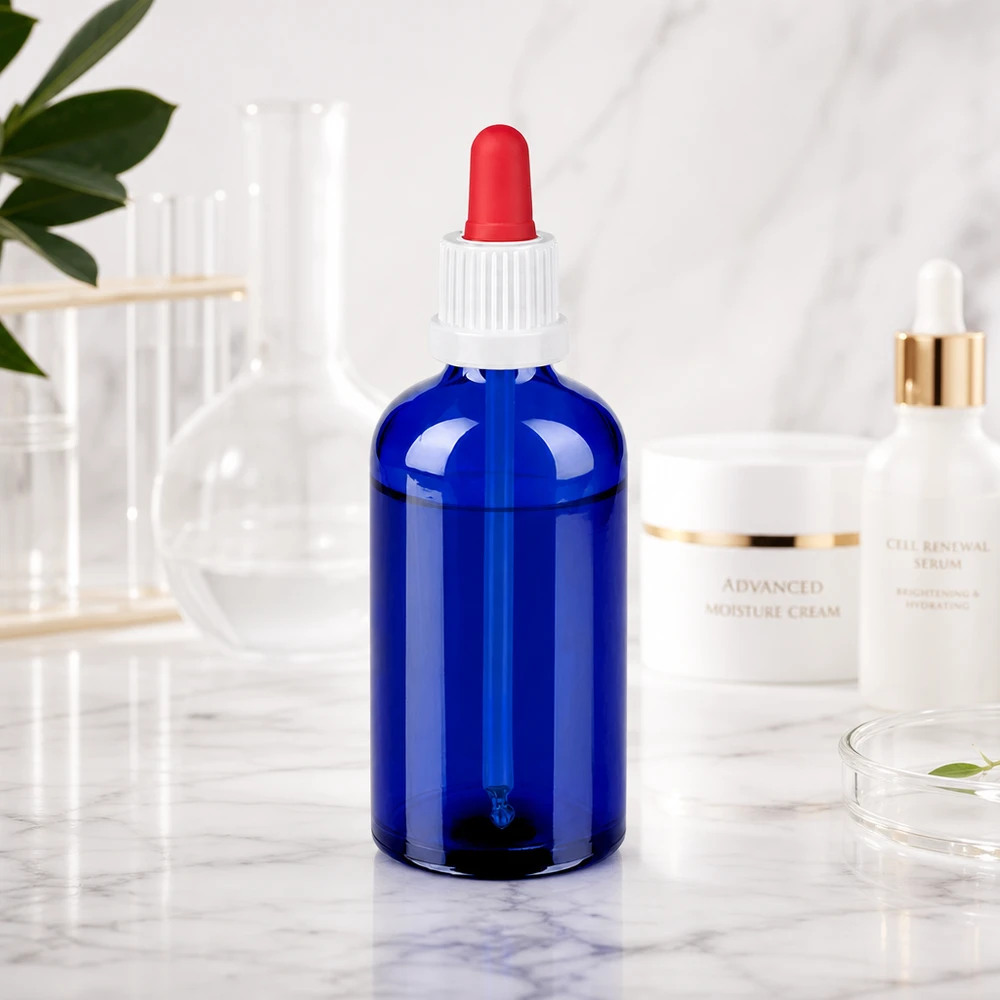 100ml pipetovací láhev černá bílá/červený uzávěr s ochranou proti manipulaci BlueLine UT18/100 Sterile 100ml Tropferflasche aus Borosilikatglas mit kindersicherem Verschlusssystem