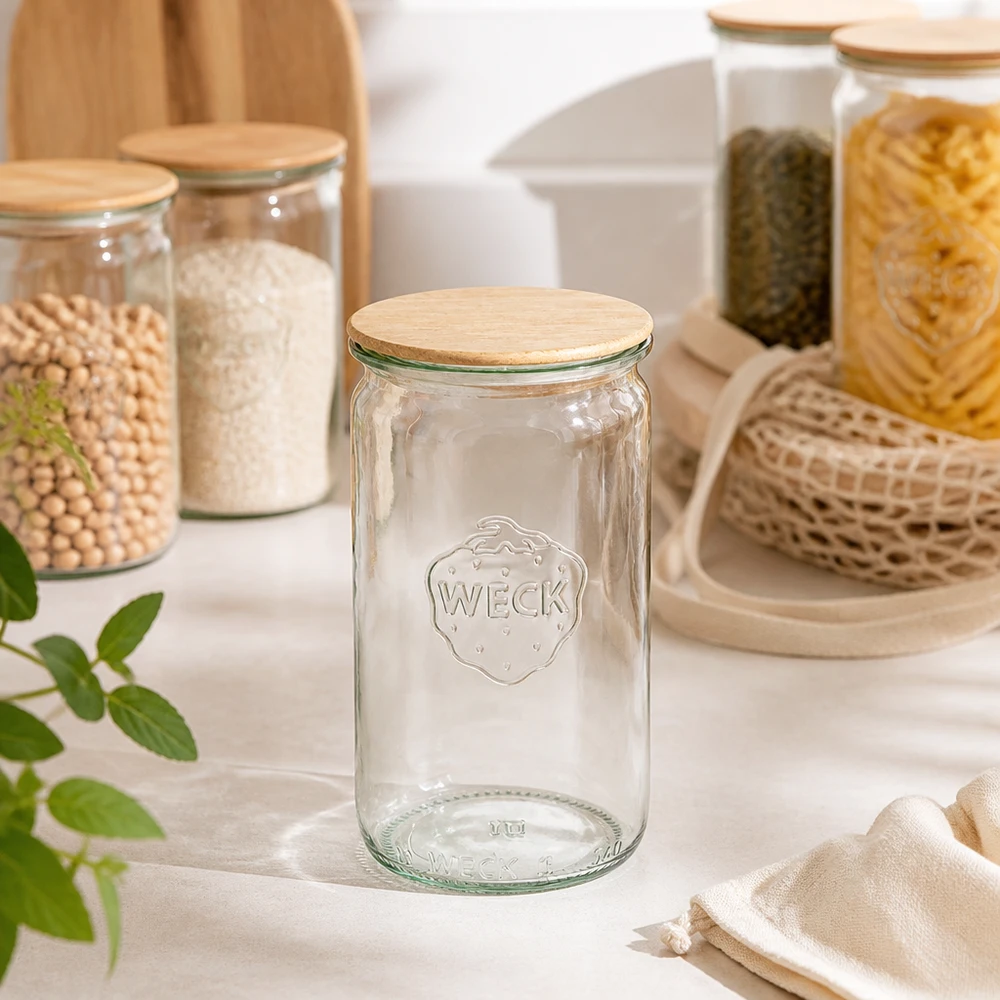 340ml válcová sklenice WECK RR60 s dřevěným víčkem buk. WECK Zylinderglas 340ml RR60 leer transparent mit Holzdeckel in moderner Küchenausstattung mit Vorratsgläsern