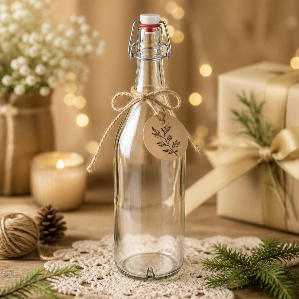 1000ml skleněná láhev + otočný vršek PVC UNiTWIST 1000ml Glasflasche Bügelverschluss PVC weihnachtlich dekoriert mit Geschenkanhänger rustikaler Stil Winterdeko