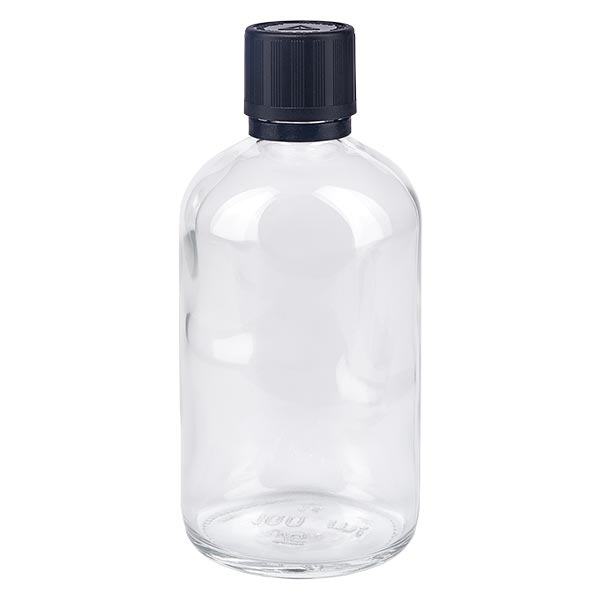 Lékárenská láhev čirá 100ml uzávěr kapátka prémiový 1mm černý uzávěr odolný proti manipulaci s dětmi symbol tamper evident. Lékárenská láhev čirá 100ml uzávěr kapátka prémiový 1mm černý uzávěr odolný proti manipulaci s dětmi symbol tamper evident.