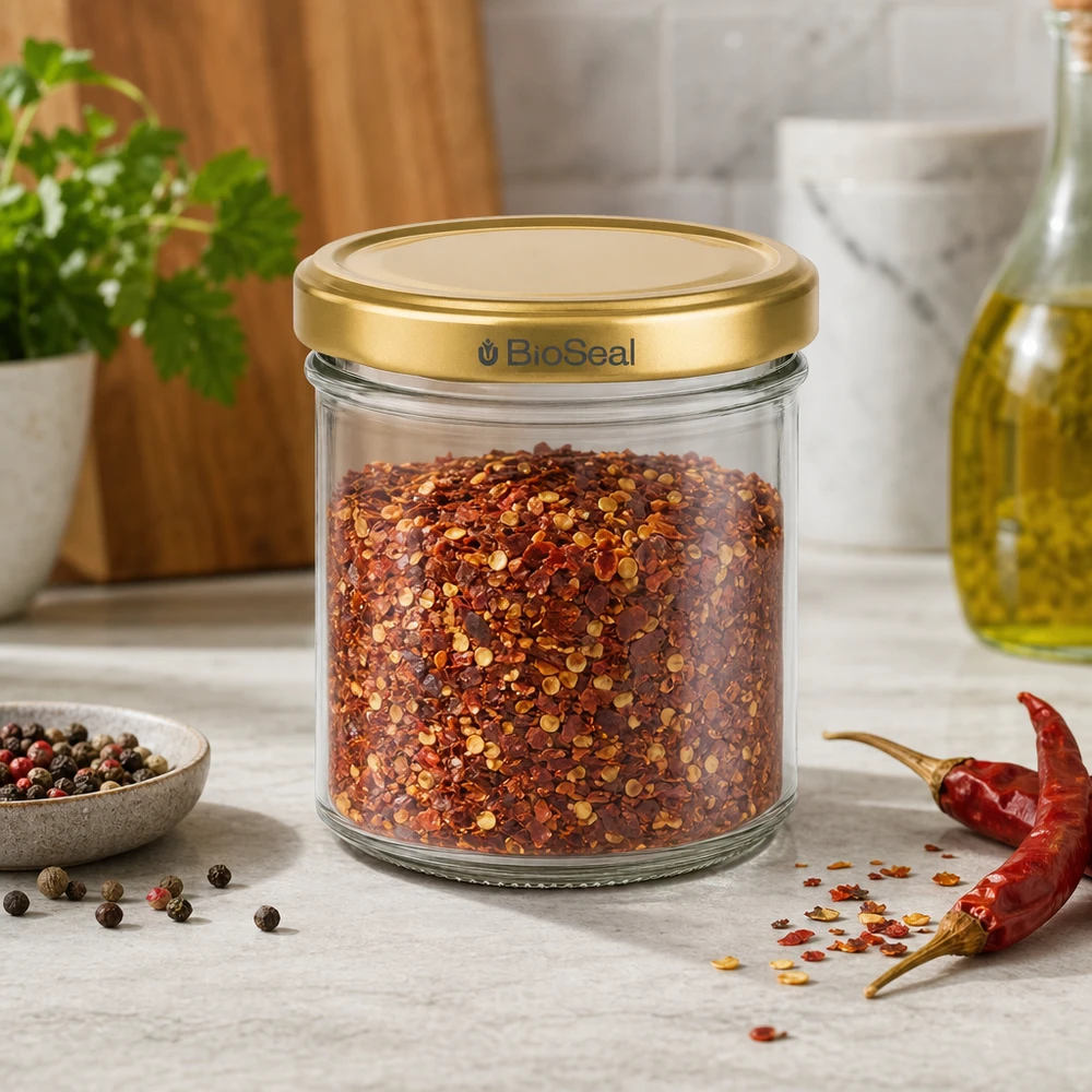 BioSeal 200g Gewürzglas mit Chilliflocken gefüllt goldener Deckel Küchenszenerie mit Pfefferkörnern und Chili