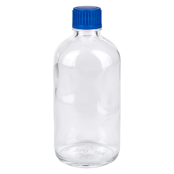 100ml láhev 11mm šroubovací uzávěr modrý Standard ClearLine UT18/100 Leere 100ml Glasflasche ClearLine UT18 mit kindersicherem blauen Schraubverschluss