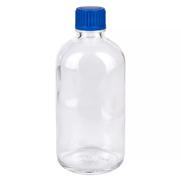 100ml láhev 11mm šroubovací uzávěr modrý Standard ClearLine UT18/100 Leere 100ml Glasflasche ClearLine UT18 mit kindersicherem blauen Schraubverschluss