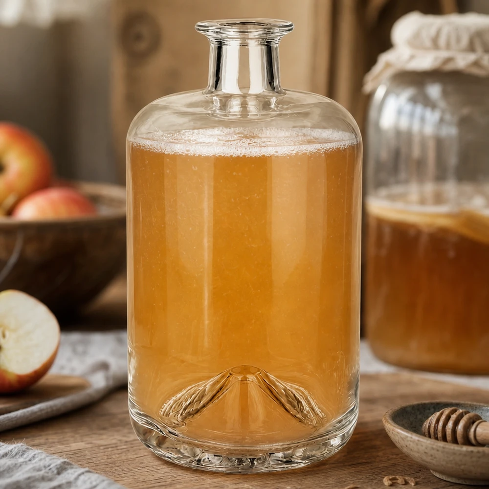 700ml Apothekenflasche "Classic" ohne Verschluss UNiTWIST® 700ml Glasflasche Sofia mit Apfelsaft gefüllt umgeben von frischen Äpfeln und Honig rustikale Küchenszenerie
