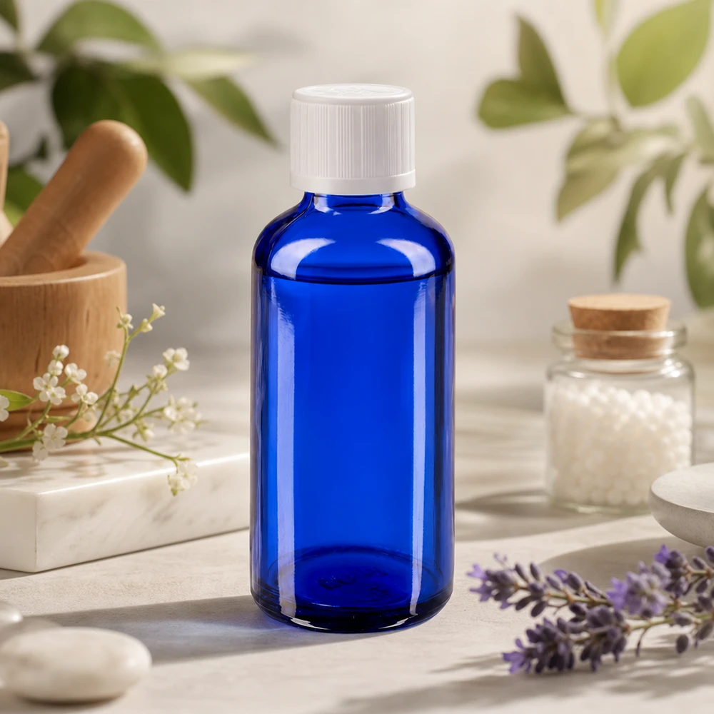 Lékárenská láhev modrá 50ml kapátko bílý uzávěr odolný proti otevření dětmi standard. UV-schützende kobaltblaue Flasche 50ml mit weißem KiSi-Deckel für ätherische Öle und Tinkturen