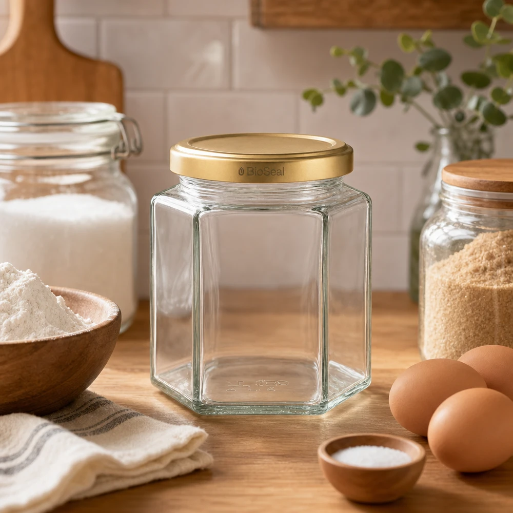 UNiTWIST Hexa390 leeres Vorratsglas mit goldenem BioSeal Deckel in Küche mit Backzutaten Mehl Eiern und Gewürzen