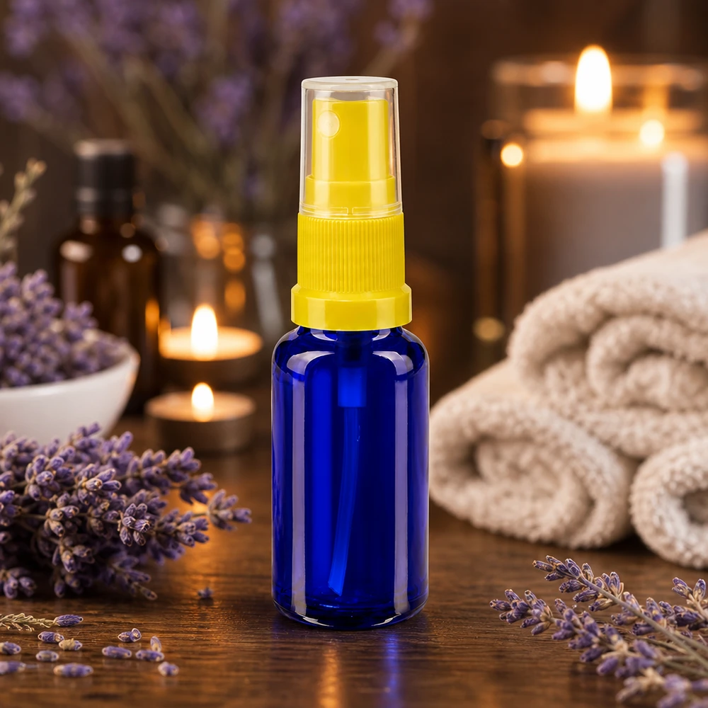 Lékárenská lahvička modrá 20ml s rozprašovacím uzávěrem žlutá Lichtschützende Glassprayflasche 20ml Blau mit gelbem Sprühaufsatz und transparenter Kappe