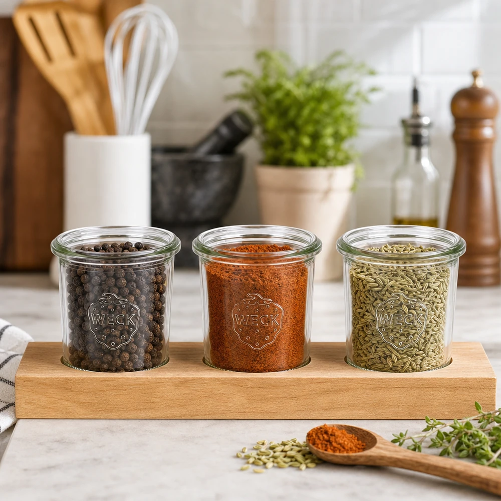 Gewürze in WECK Sturzgläsern 140ml auf Servierbrett Plano3 Pfefferkörner Paprika Fenchelsamen Küchenorganisation