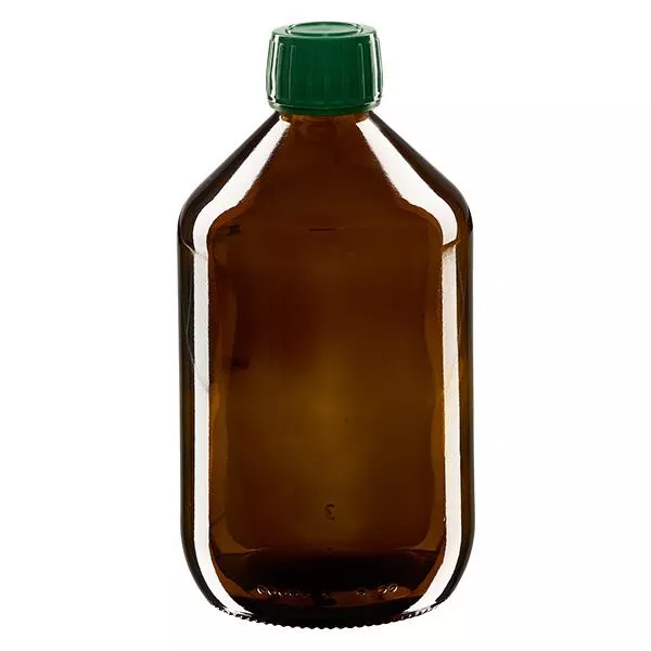 500ml lahvička na léky hnědá, uzávěr zelený s tamper-evidentním kroužkem ApoGlas 500ml lahvička na léky hnědá, uzávěr zelený s tamper-evidentním kroužkem ApoGlas