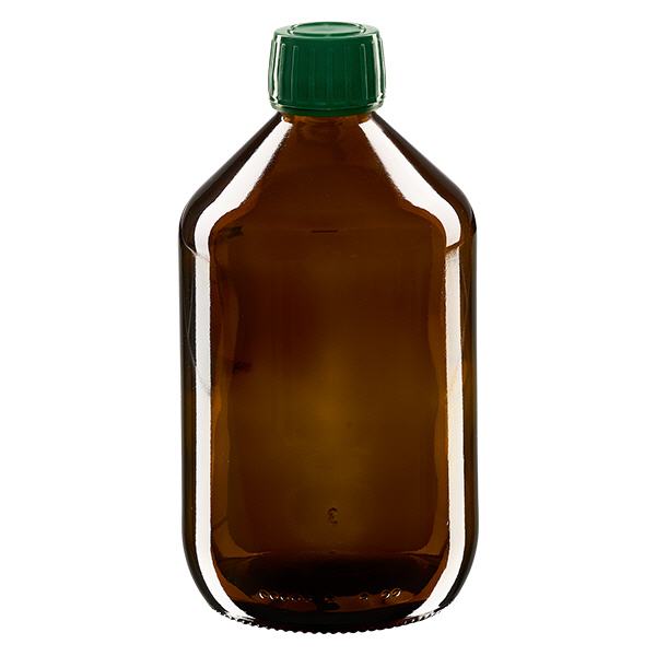 500ml lahvička na léky hnědá, uzávěr zelený s tamper-evidentním kroužkem ApoGlas 500ml lahvička na léky hnědá, uzávěr zelený s tamper-evidentním kroužkem ApoGlas