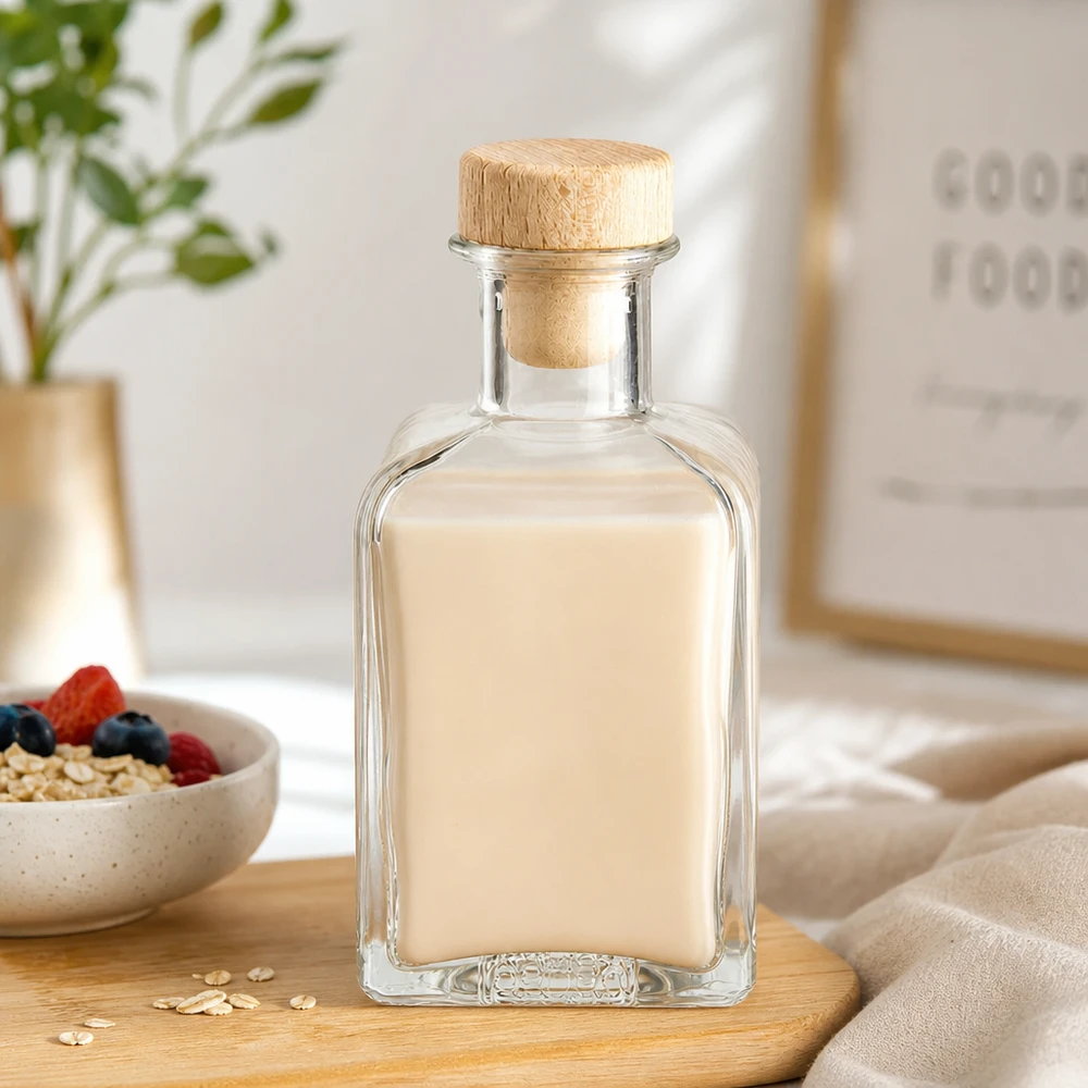 200ml Glasflasche "Clara" mit Holzgriff-Korken UNiTWIST 200ml Glasflasche Clara mit Hafermilch befüllt Holzkorken Müslischale Beeren Oats gesunde Ernährung Frühstück