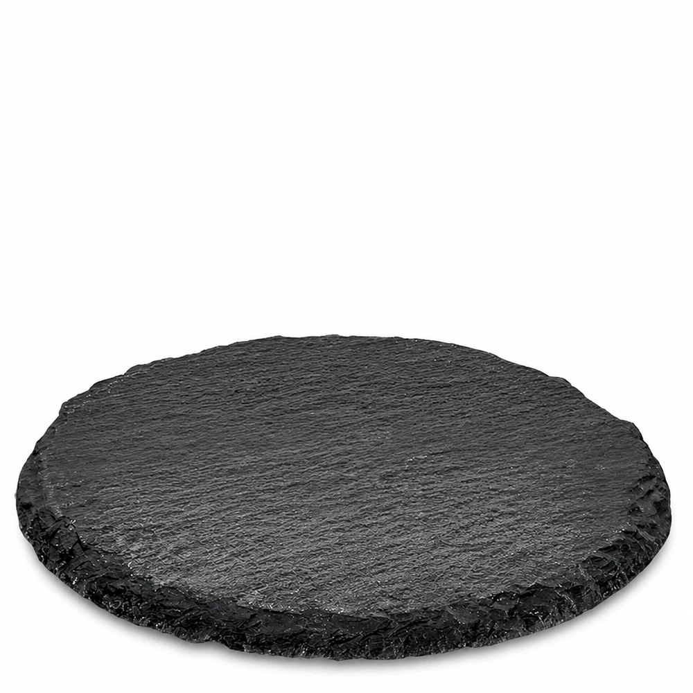 Runde schwarze Schieferplatte 15cm Durchmesser als Servierplatte mit natürlicher Steinstruktur und rauer Kante