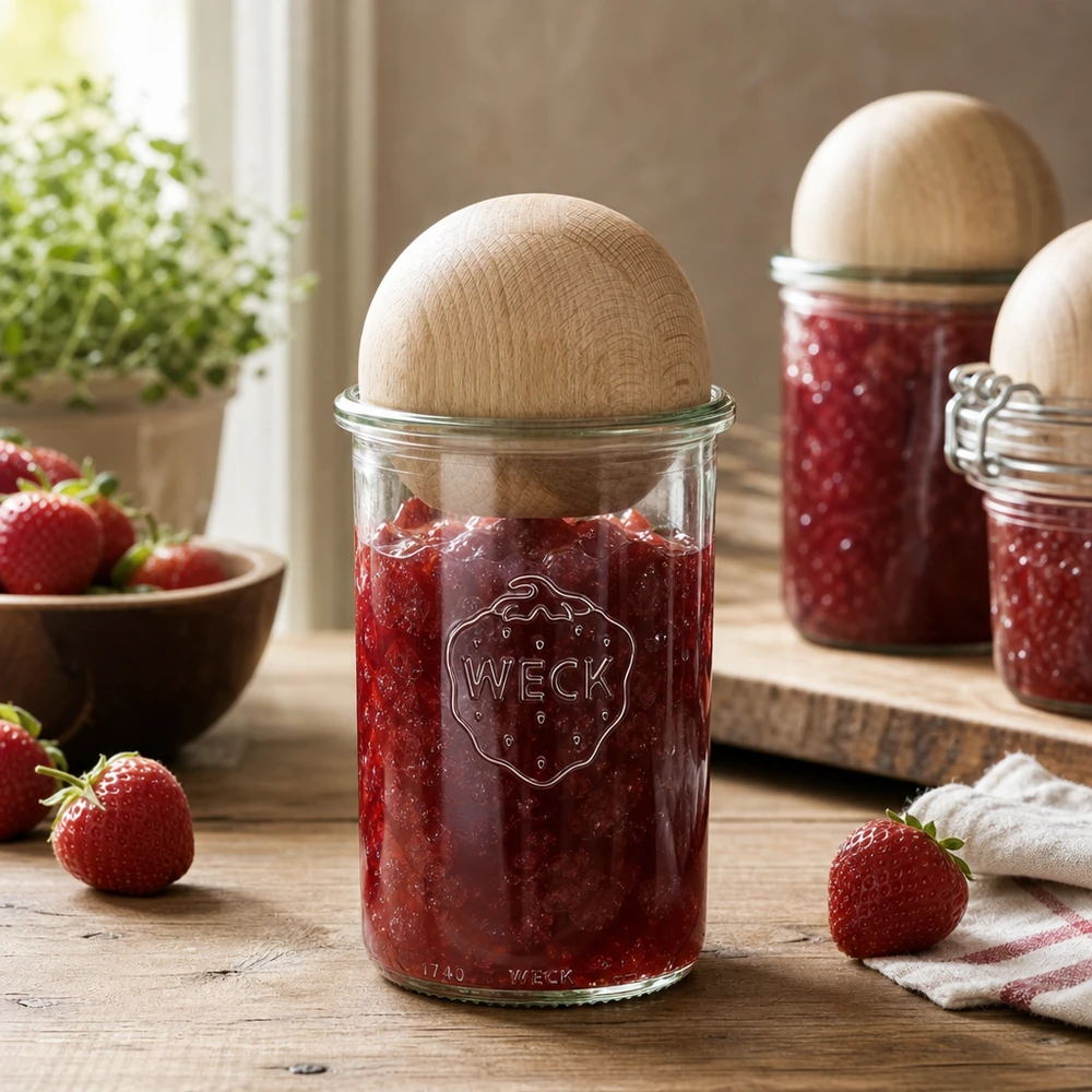 WECK Einmachglas 1000ml mit Erdbeermarmelade befüllt und Holzkugel-Deckel in rustikaler Küche mit frischen Erdbeeren