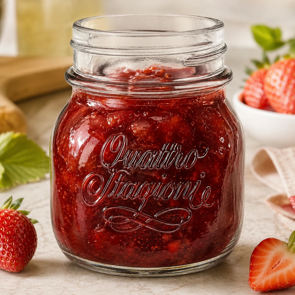 Haushaltsglas Quattro Stagioni 150ml mit roter Erdbeermarmelade gefüllt neben frischen Erdbeeren auf Holztisch
