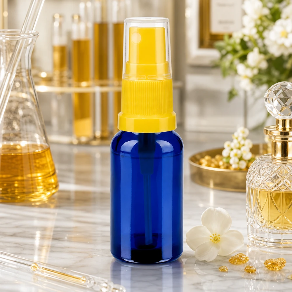 20ml lahvička s rozprašovačem žlutá/transparentní standardní uzávěr BlueLine UT18/20 20ml Glassprühflasche für selbstgemachte Parfums und Essenzen BlueLine UT18/20