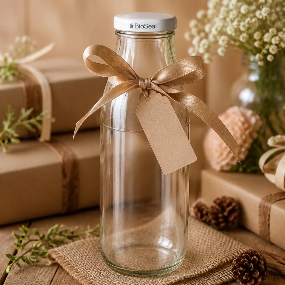 500ml skleněná láhev + víčko BioSeal bílé UNiTWIST 500ml Glasflasche leer als Geschenk verpackt mit brauner Schleife und Anhänger, BioSeal Deckel weiß