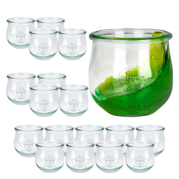 Sada 18 sklenic Weck o objemu 370 ml s tulipánovým víčkem. Sada 18 sklenic Weck o objemu 370 ml s tulipánovým víčkem.