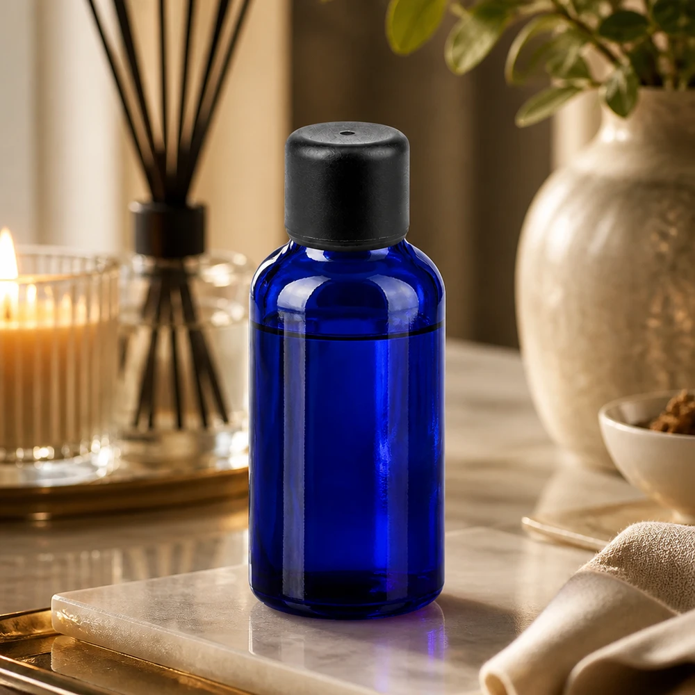 30ml láhev se 6mm šroubovacím uzávěrem černá Standard BlueLine UT18/30 30ml Aromaflasche aus blauem Glas mit Verschluss perfekt für Wellness und Spa Anwendungen