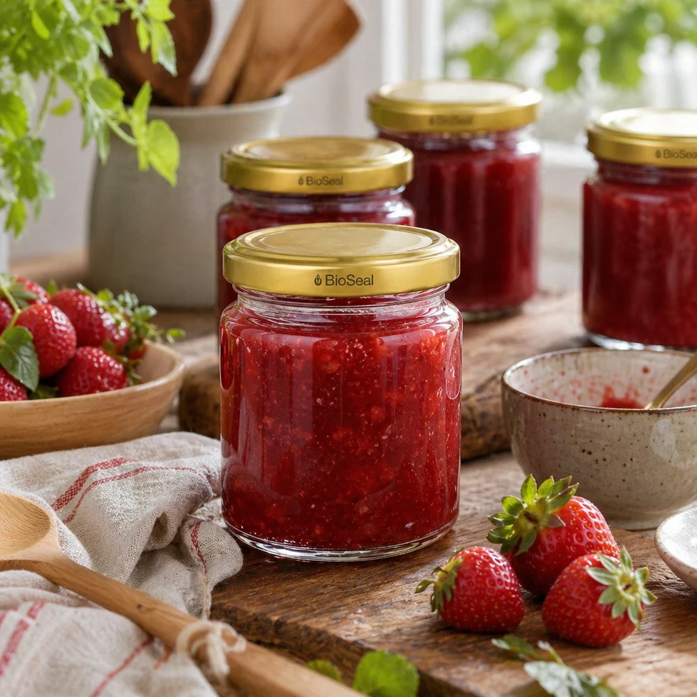 Kulatá dóza o objemu 53 ml se zlatým víčkem UNiTWIST BioSeal. UNiTWIST Runda53 Marmeladengläser mit goldenem TO43 BioSeal Deckel gefüllt mit Erdbeermarmelade neben frischen Erdbeeren