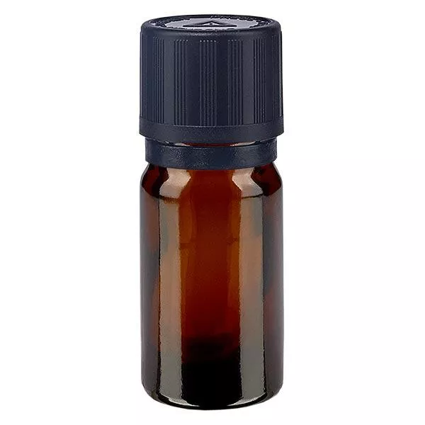 Lékárenská láhev hnědá 5ml kapací uzávěr nalévací kroužek 1mm černá dětská pojistka výstražný symbol pro nevidomé tamper evidentní uzávěr.