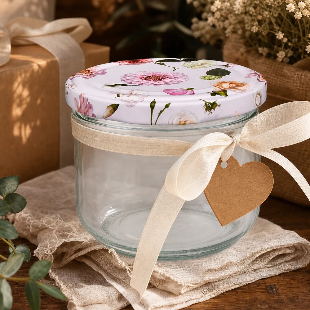 Sturzglas 260ml mit rosa Blumendeckel als Geschenkverpackung - dekoratives Einmachglas mit Schleife und Herzanhänger