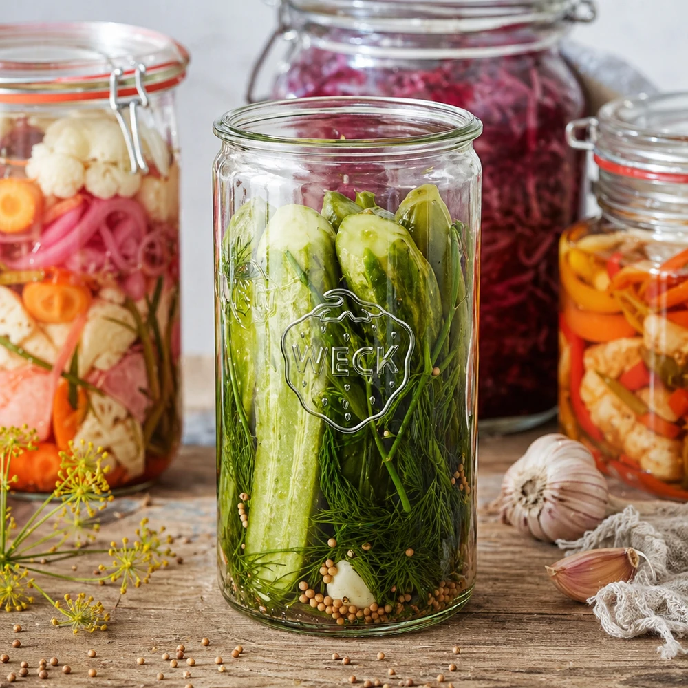 1590ml válcová sklenice WECK RR100 s dřevěným dřívkem. WECK RR100 Zylinderglas 1590ml mit eingelegten Gewürzgurken und Dill neben bunten Einmachgläsern auf Holzbrett