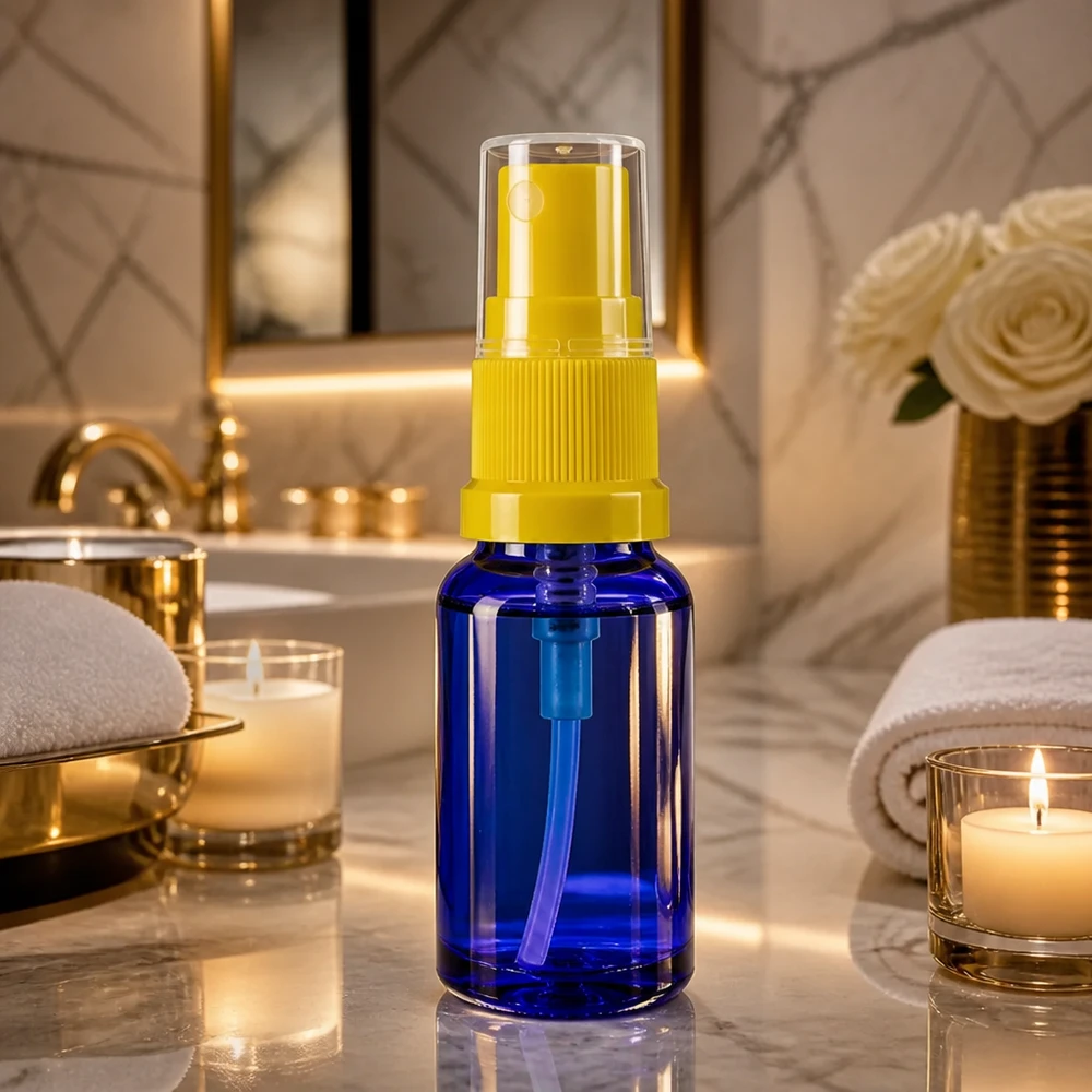 Lékárenská lahvička modrá 30ml s rozprašovacím uzávěrem žlutá Blaue Minitropfflasche 30ml mit gelbem Sprühmechanismus für medizinische Produkte