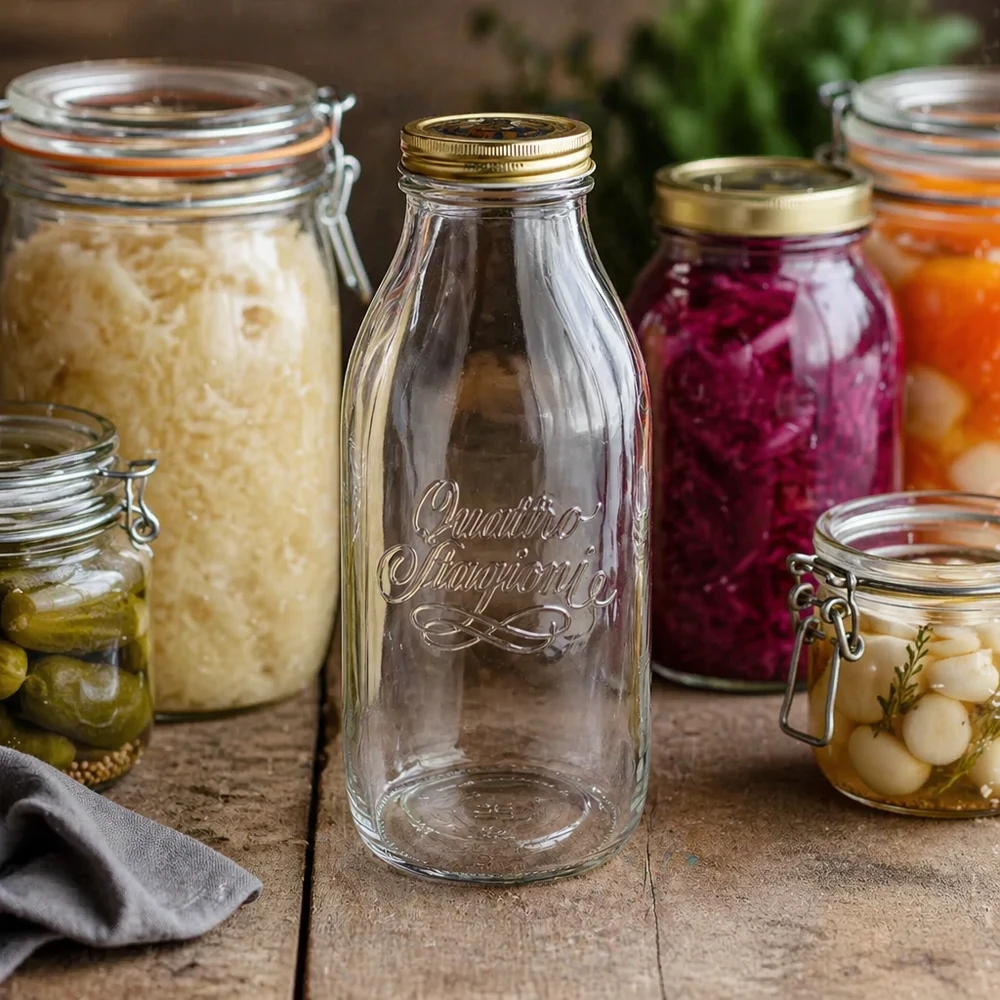 1000ml skleněná láhev "Quattro Stagioni" s víčkem Quattro Stagioni 1000ml Glasflasche zwischen Einmachgläsern mit fermentiertem Gemüse und eingelegten Lebensmitteln